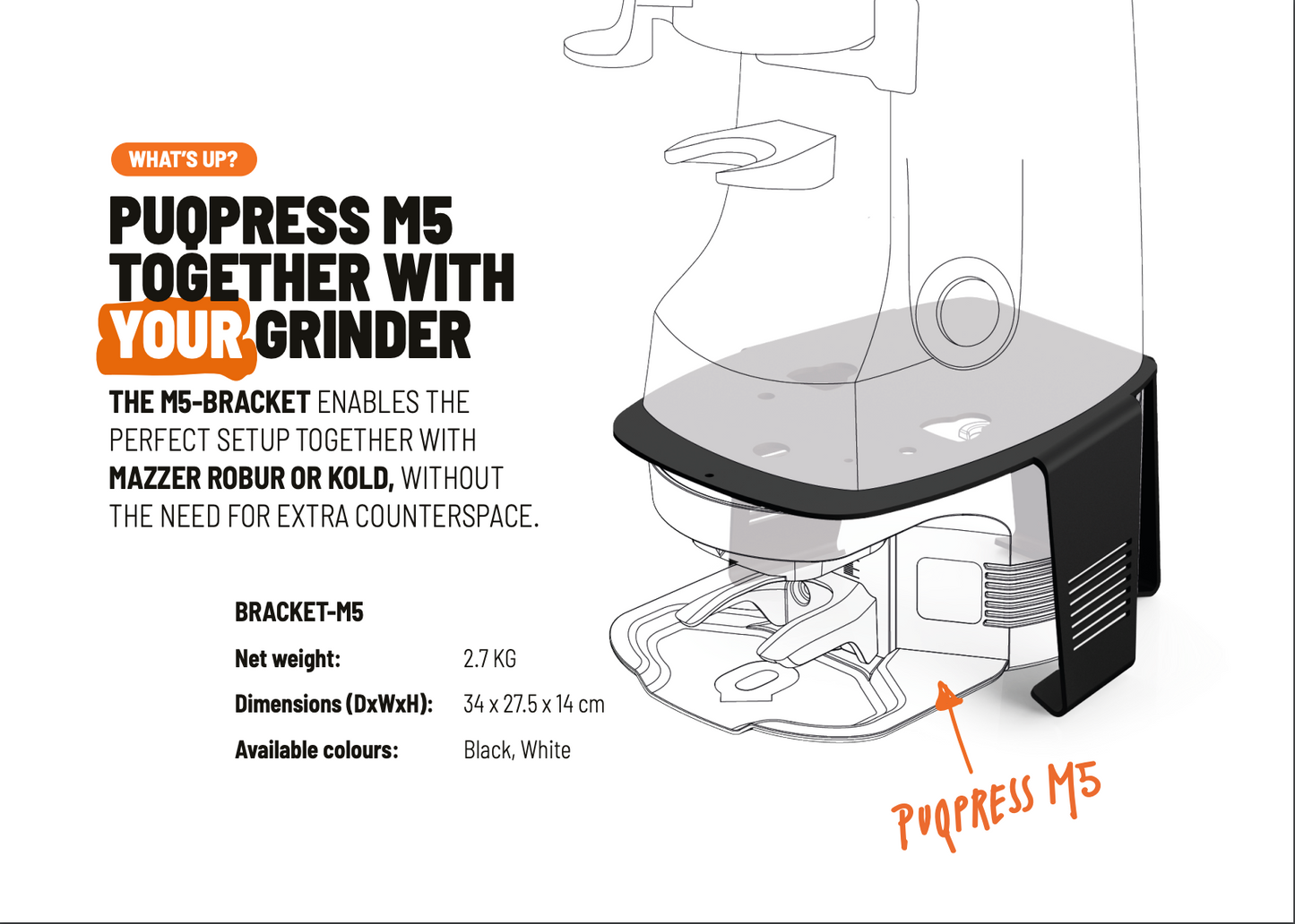 PUQpress BRACKET M5 Designed to fit smaller Mazzer Robur and Kold Grinders